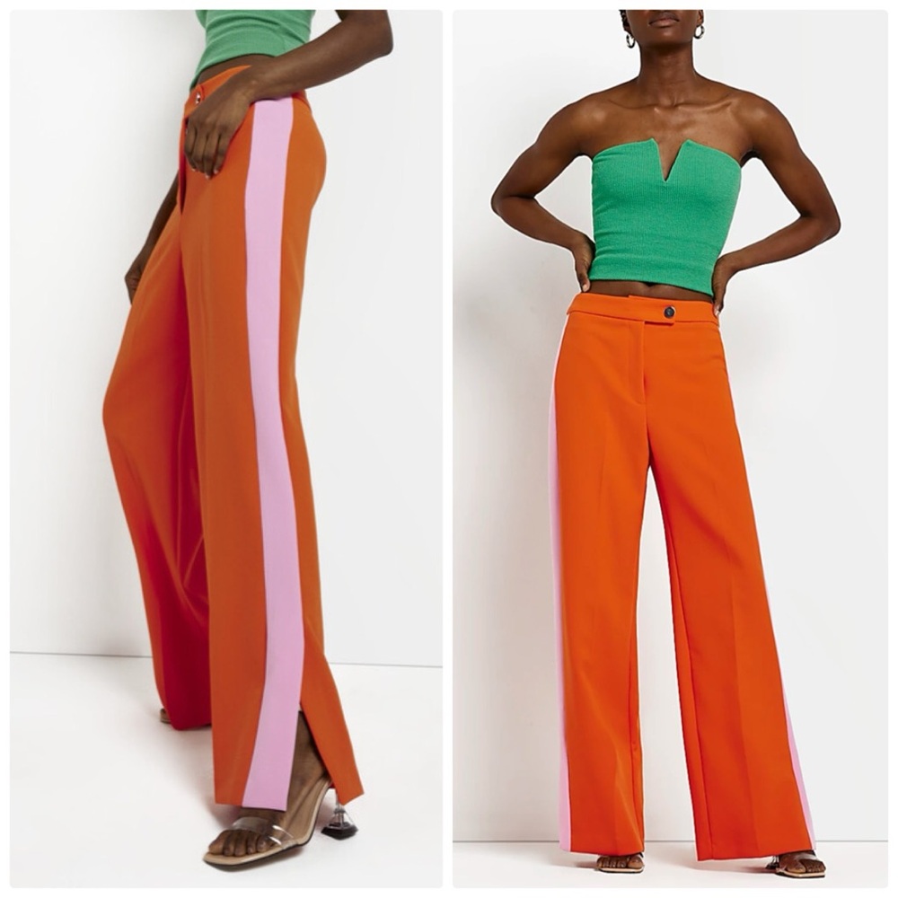 River Island side stripe wide leg trouser in orange pink - 18